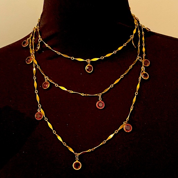 Long Layering Gold Chain Necklace with Purple Glass Beads - Picture 1 of 9